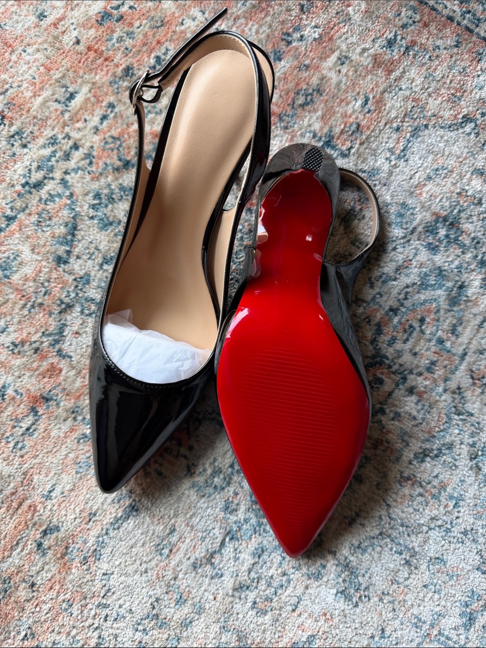 Patent Leather Pointed Slingback Pumps in Black with Red Sole
